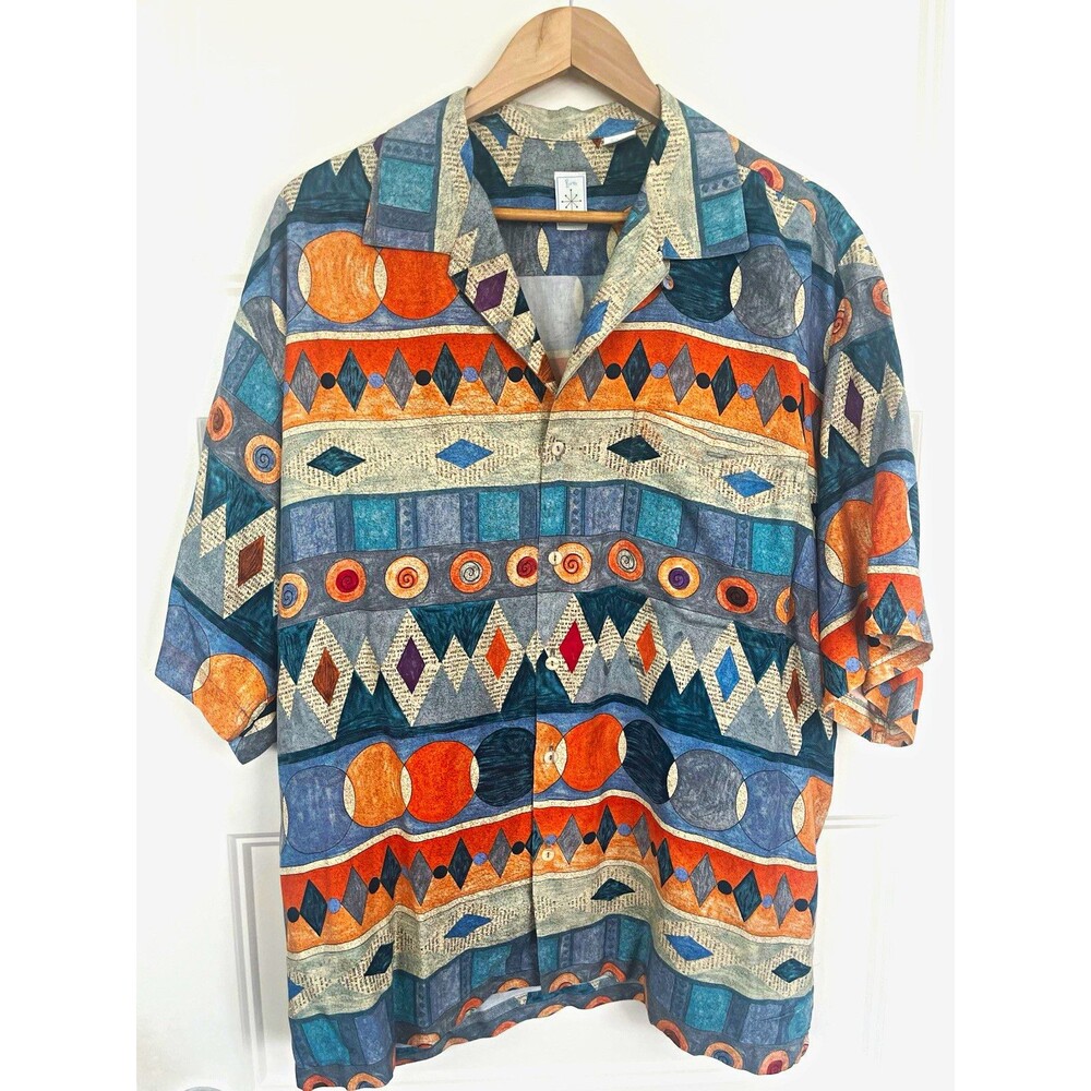 Vintage Burma Bibas 100% Silk Shirt Mens XL Abstract Geometric Camp Casual 90s